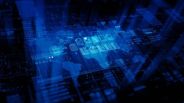 Finans simgeleri ile soyut dijital arayüz ve dünya haritası mavi tonda, fintech, online bankacılık, engelleme zinciri ve veri yönetim sistemleri için idealdir. Finansal Veri Analizi Geçmişi. 3d Hazırlama