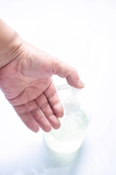 Press Hand Sanitizer Nozzle Your Hand — Stock Photo, Image
