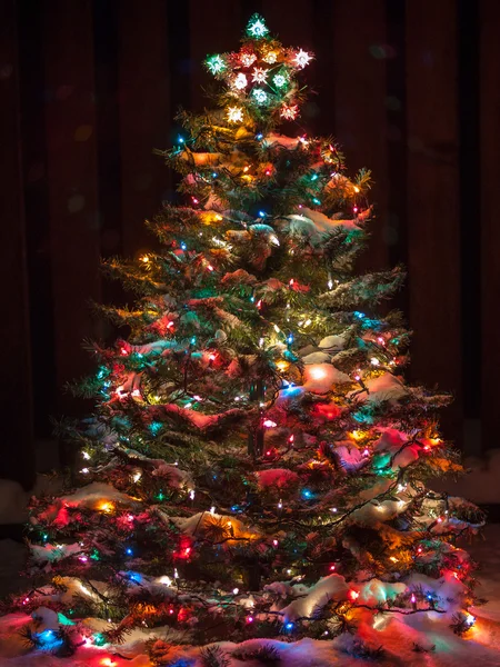 Verschneiter Weihnachtsbaum mit bunten Lichtern — Stockfoto