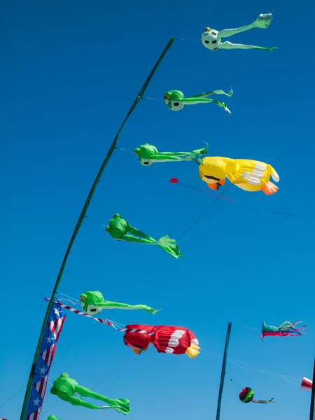 Bunte Drachen fliegen in wolkenlosem blauen Himmel — Stockfoto