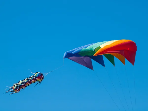 Cerfs-volants colorés volant dans un ciel bleu sans nuages — Photo