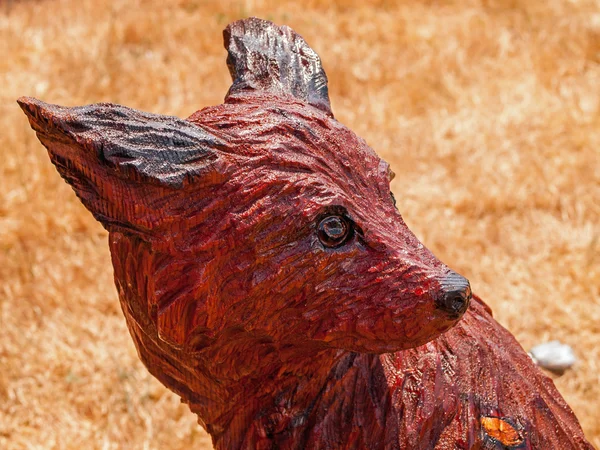 Scultura a catena in legno intagliato e bruciato di una testa di coyote — Foto Stock