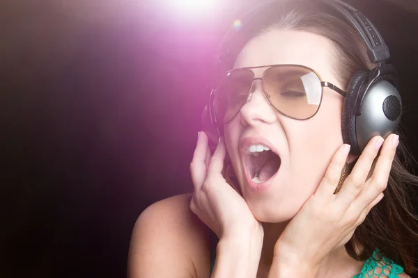 Singing Woman with Headphones — Stock Photo, Image