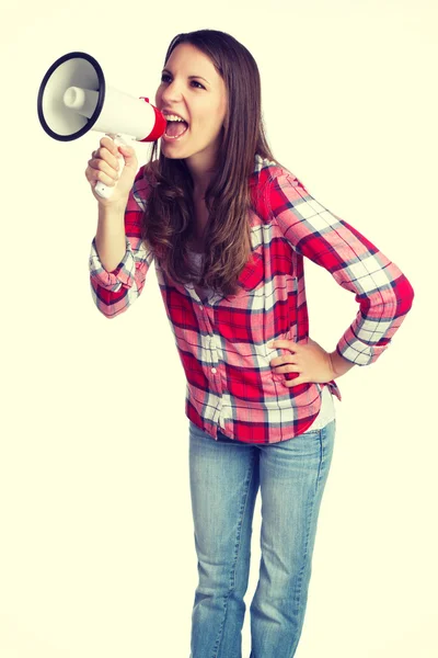 Högt Megaphone kvinna — Stockfoto