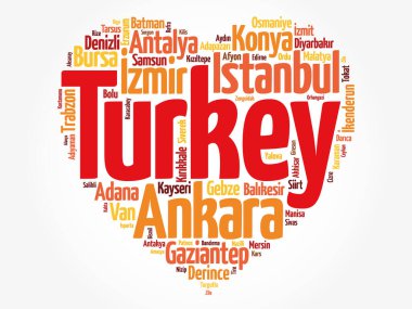 Türkiye 'de sevgi, kalp şekli, kelime bulut kolajı, iş ve seyahat konsepti arka planında yer alan şehir ve kasabaların listesi