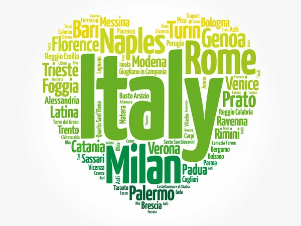 List Cities Towns Italy Composed Love Sign Heart Shape Word — Stock Photo, Image