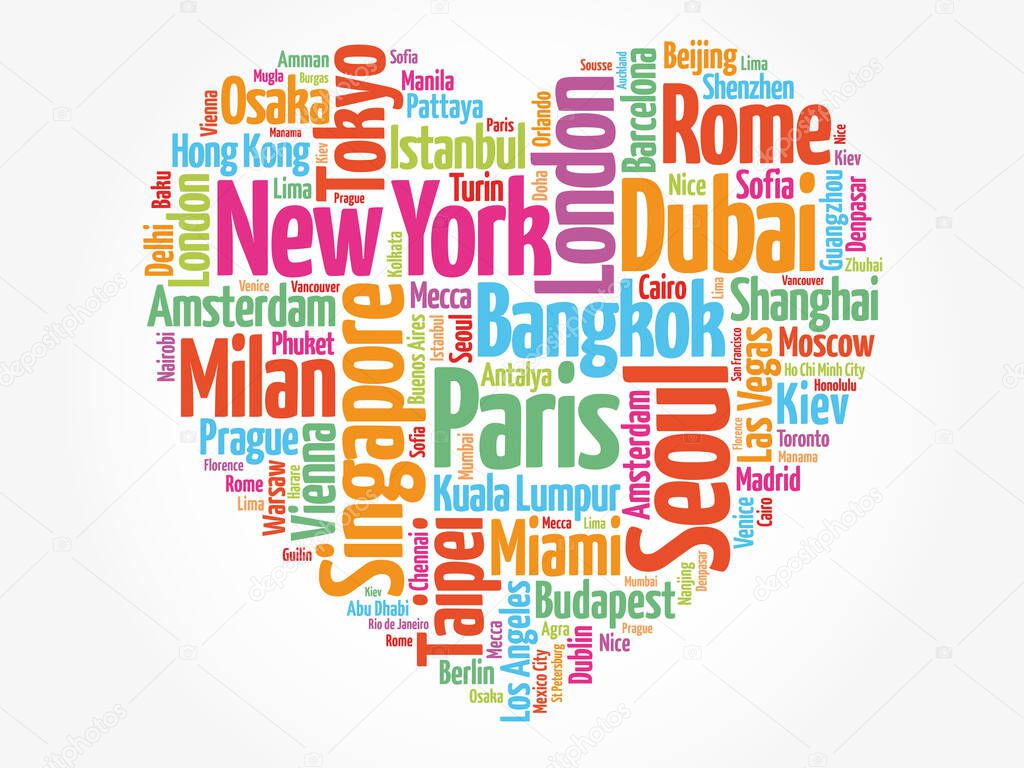 Top 100 International Tourist Destination Cities composed in love sign heart shape, word cloud collage, business and travel concept background
