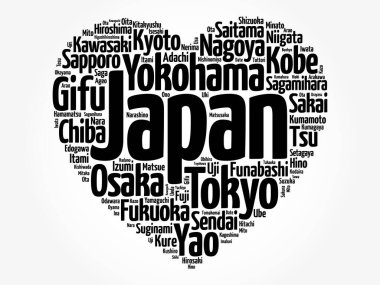 Japonya 'daki şehirlerin ve şehirlerin listesi aşk işaretleri kalp şekli, kelime bulut kolajı, iş ve seyahat kavramı geçmişi