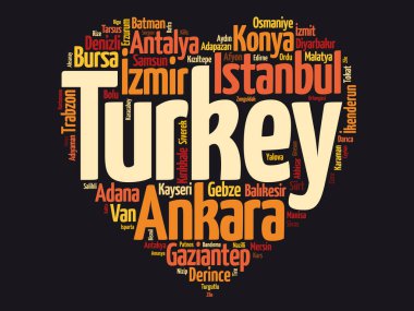 Türkiye 'de sevgi, kalp şekli, kelime bulut kolajı, iş ve seyahat konsepti arka planında yer alan şehir ve kasabaların listesi