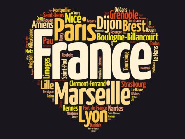 Fransa 'daki şehirlerin ve şehirlerin listesi aşk işaretleri kalp şekli, kelime bulut kolajı, iş ve seyahat kavramı geçmişi
