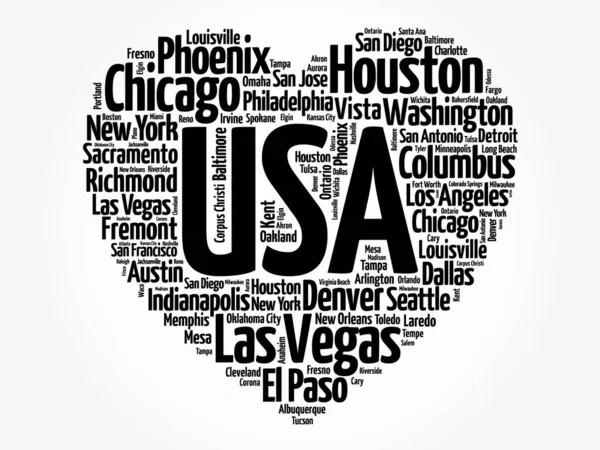 List Cities Towns Usa Composed Love Sign Heart Shape Word — Stock Photo, Image