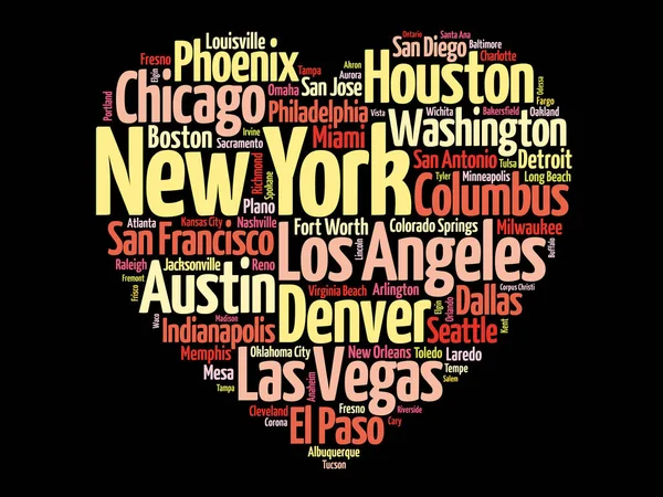 愛のサインハート形で構成された米国の都市や町のリスト ワードクラウドコラージュ ビジネスや旅行の概念の背景 — ストック写真