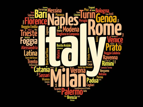 List Cities Towns Italy Composed Love Sign Heart Shape Word — Stock Photo, Image