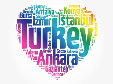 Türkiye 'de sevgi, kalp şekli, kelime bulut kolajı, iş ve seyahat konsepti arka planında yer alan şehir ve kasabaların listesi