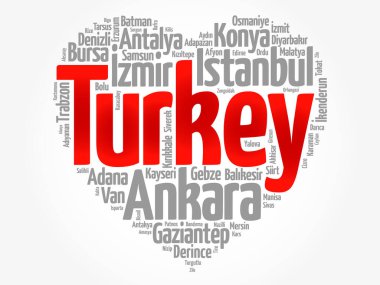 Türkiye 'de sevgi, kalp şekli, kelime bulut kolajı, iş ve seyahat konsepti arka planında yer alan şehir ve kasabaların listesi