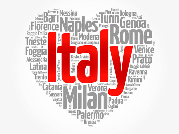 List of cities and towns in Italy composed in love sign heart shape, word cloud collage, business and travel concept background