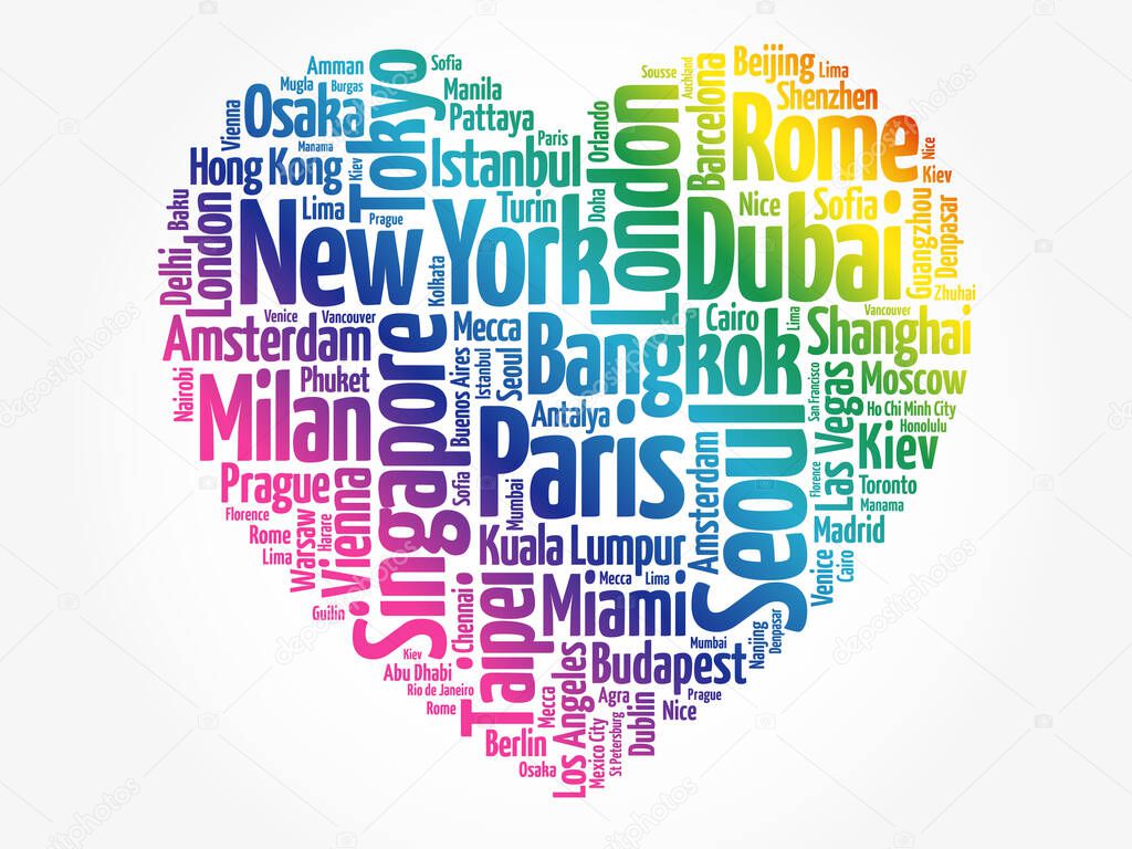 Top 100 International Tourist Destination Cities composed in love sign heart shape, word cloud collage, business and travel concept background