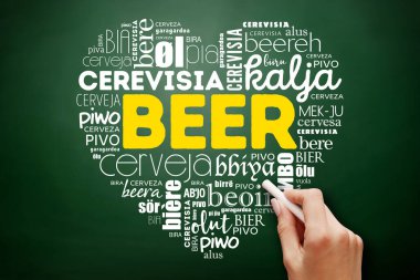 BEER dünyanın farklı dillerinde sevgi kalp (İngilizce, Fransızca, Almanca, vb), Word Cloud kolajı, çok dilli arka plan