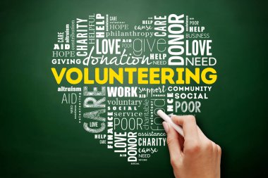 Gönüllü kalp kelime bulut kolajı, karatahta konsept