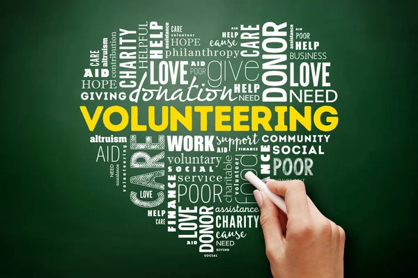 Volunteering Heart Word Cloud Collage Concept Blackboard — Stock Photo, Image