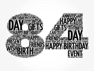 Mutlu 84. yaş günü kelime bulutu, tatil konsepti geçmişi