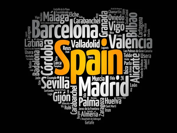 List Cities Towns Spain Composed Love Sign Heart Shape Word — Stock Photo, Image