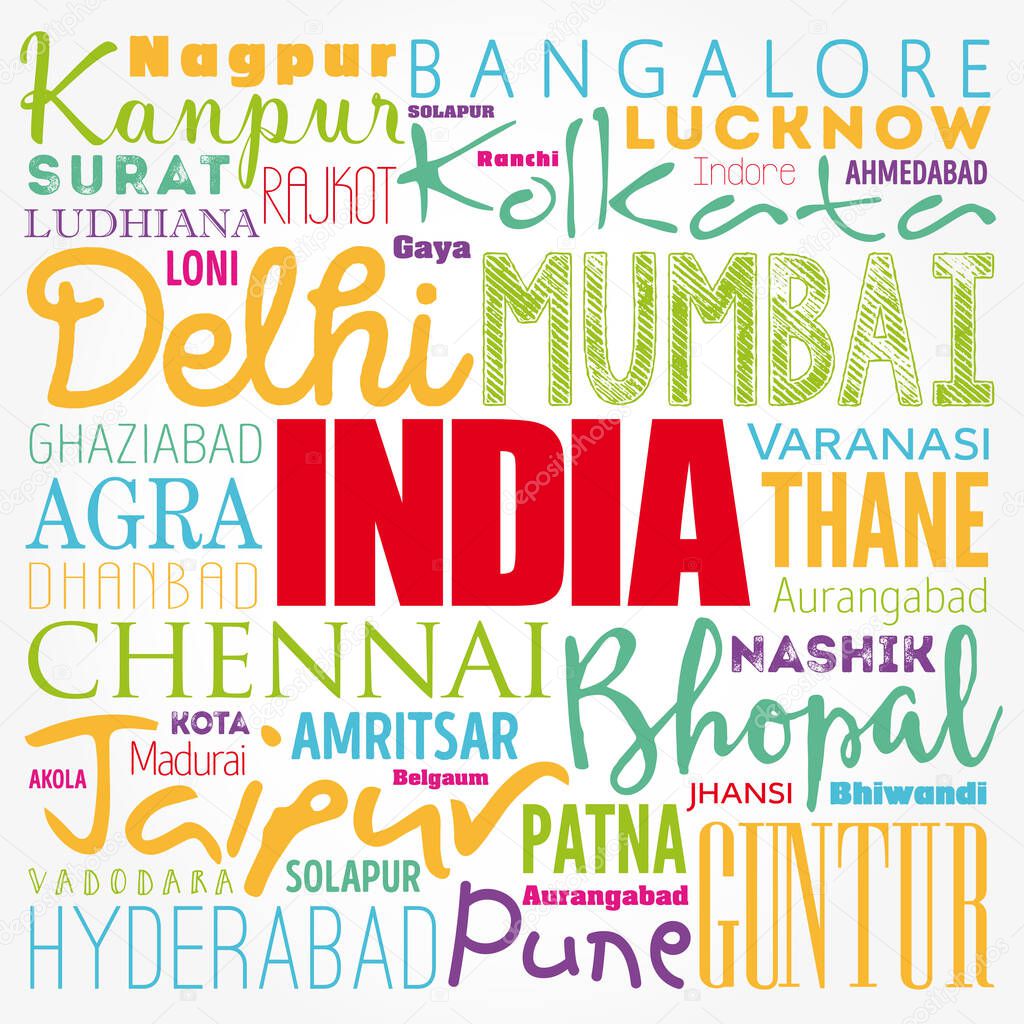 List of cities in India word cloud collage, business and travel concept background