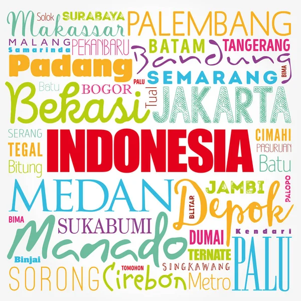 インドネシアの都市と町のリスト ワードクラウドのコラージュ ビジネスと旅行の概念の背景 — ストック写真