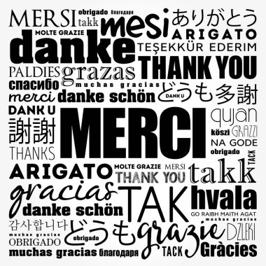 Merci (Fransızca Teşekkür) kelime bulutu farklı dillerde