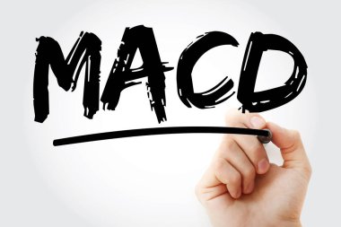 MACD - İşaretleyici, iş konsepti geçmişi ile Ortalama Yakınsama Diverjans kısaltması taşınıyor