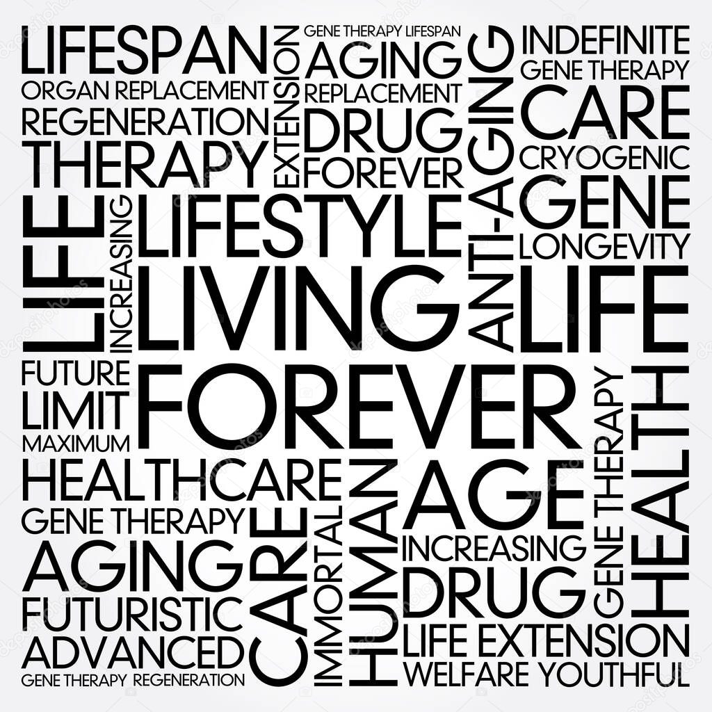 Living forever word cloud collage, health concept background
