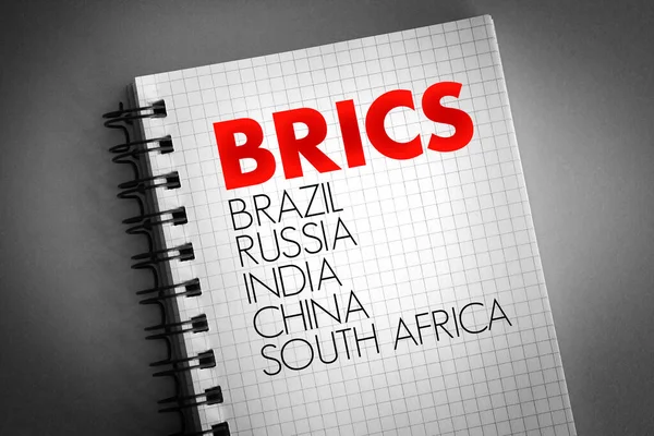 BRICS - Brazil, Russia, India, China, South Africa trade union acronym on notepad, business concept background