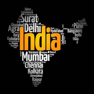 Hindistan 'daki şehirlerin listesi, harita silueti kelime bulut, iş ve seyahat kavramı geçmişi