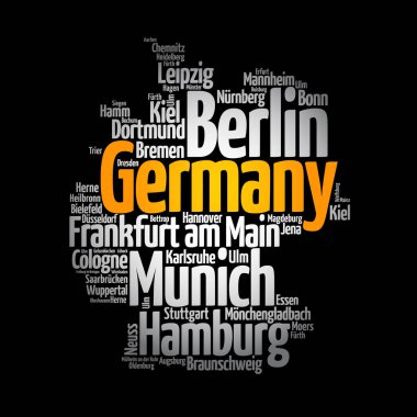 Almanya 'daki şehirlerin listesi, harita silueti kelime bulutu, seyahat kavramı geçmişi