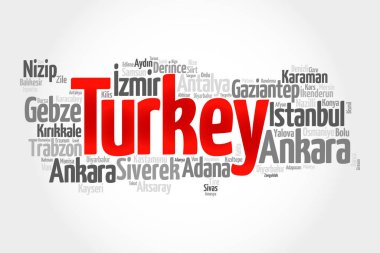 Türkiye 'deki şehirlerin listesi, harita silueti kelime bulut, iş ve seyahat kavramı geçmişi