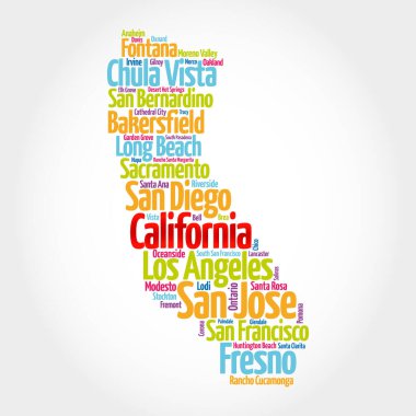 Kaliforniya 'daki şehirlerin listesi, harita silueti kelime bulut haritası konsepti