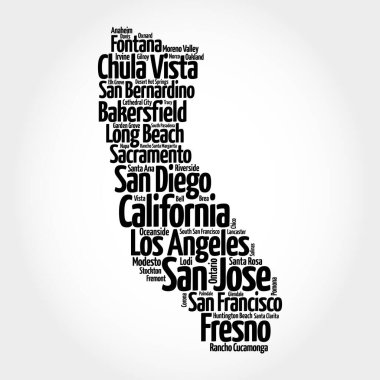 Kaliforniya 'daki şehirlerin listesi, harita silueti kelime bulut haritası konsepti