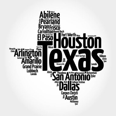 List of cities in Texas USA state, map silhouette word cloud map concept clipart