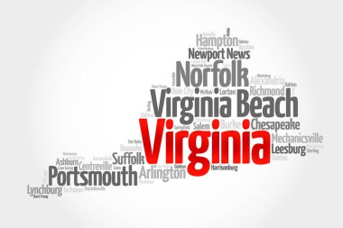 List of cities in Virginia USA state, map silhouette word cloud map concept background clipart