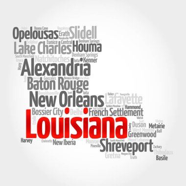 Louisiana ABD eyaletindeki şehirlerin ve belediyelerin listesi, harita silueti kelime bulut haritası konsepti geçmişi