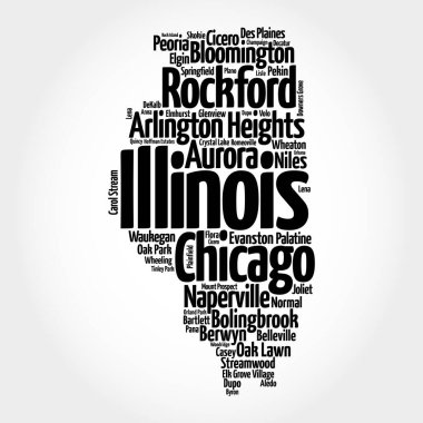 Illinois ABD eyaletindeki şehirlerin listesi, harita silueti kelime haritası konsepti arka plan