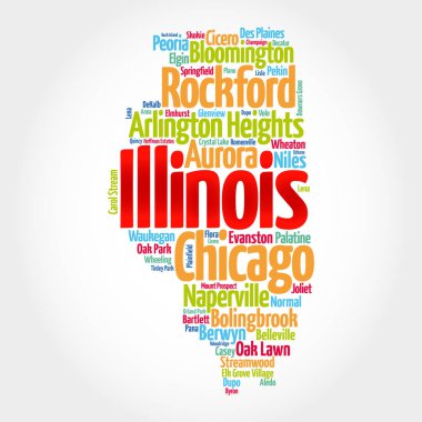 Illinois ABD eyaletindeki şehirlerin listesi, harita silueti kelime haritası konsepti arka plan