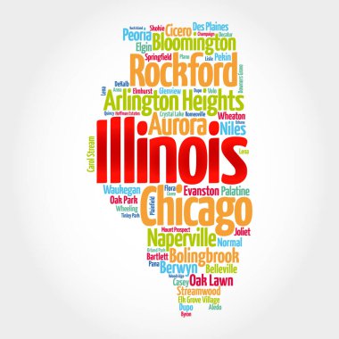 List of cities in Illinois USA state, map silhouette word cloud map concept background clipart