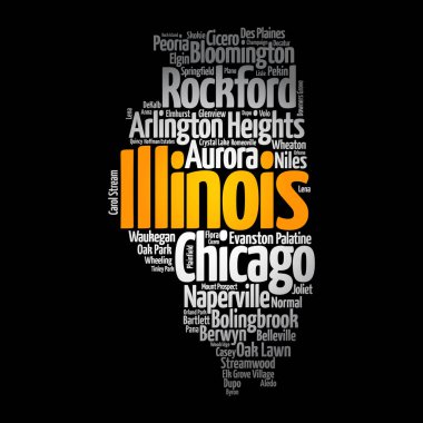 List of cities in Illinois USA state, map silhouette word cloud map concept background clipart