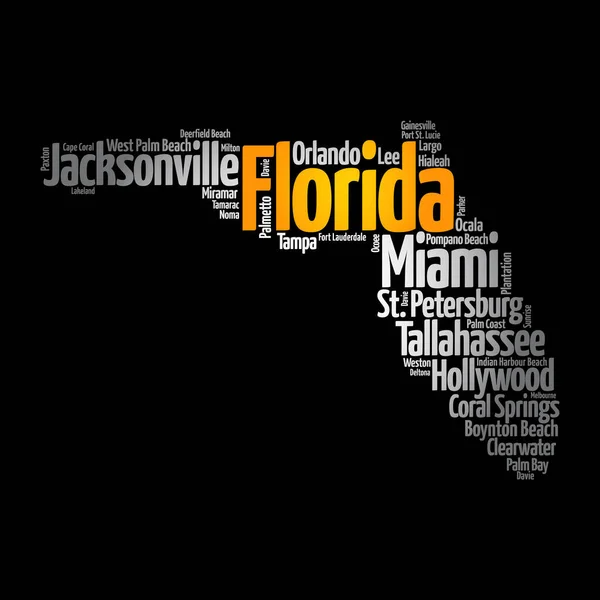 Lista Città Florida Stati Uniti America Mappa Silhouette Parola Cloud — Foto Stock