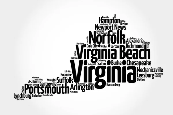 List of cities in Virginia USA state, map silhouette word cloud map concept background