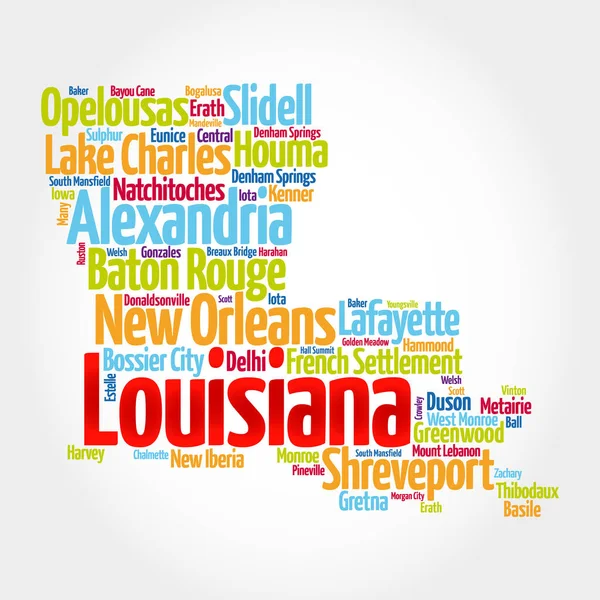 Lista Ciudades Municipios Estado Louisiana Mapa Silueta Palabra Nube Mapa — Foto de Stock