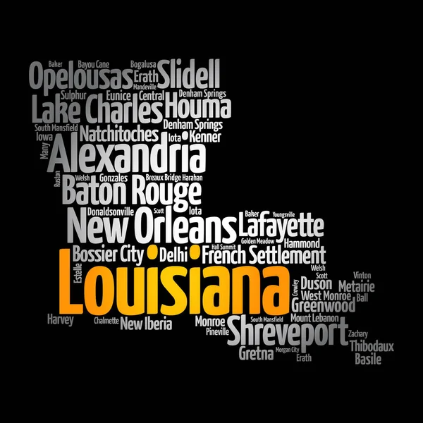 Lista Över Städer Och Kommuner Louisiana Usa Stat Karta Siluett — Stockfoto