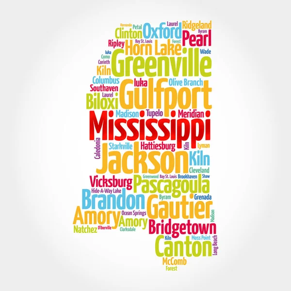 Lijst Van Steden Mississippi Verenigde Staten Staat Kaart Silhouet Woord — Stockfoto