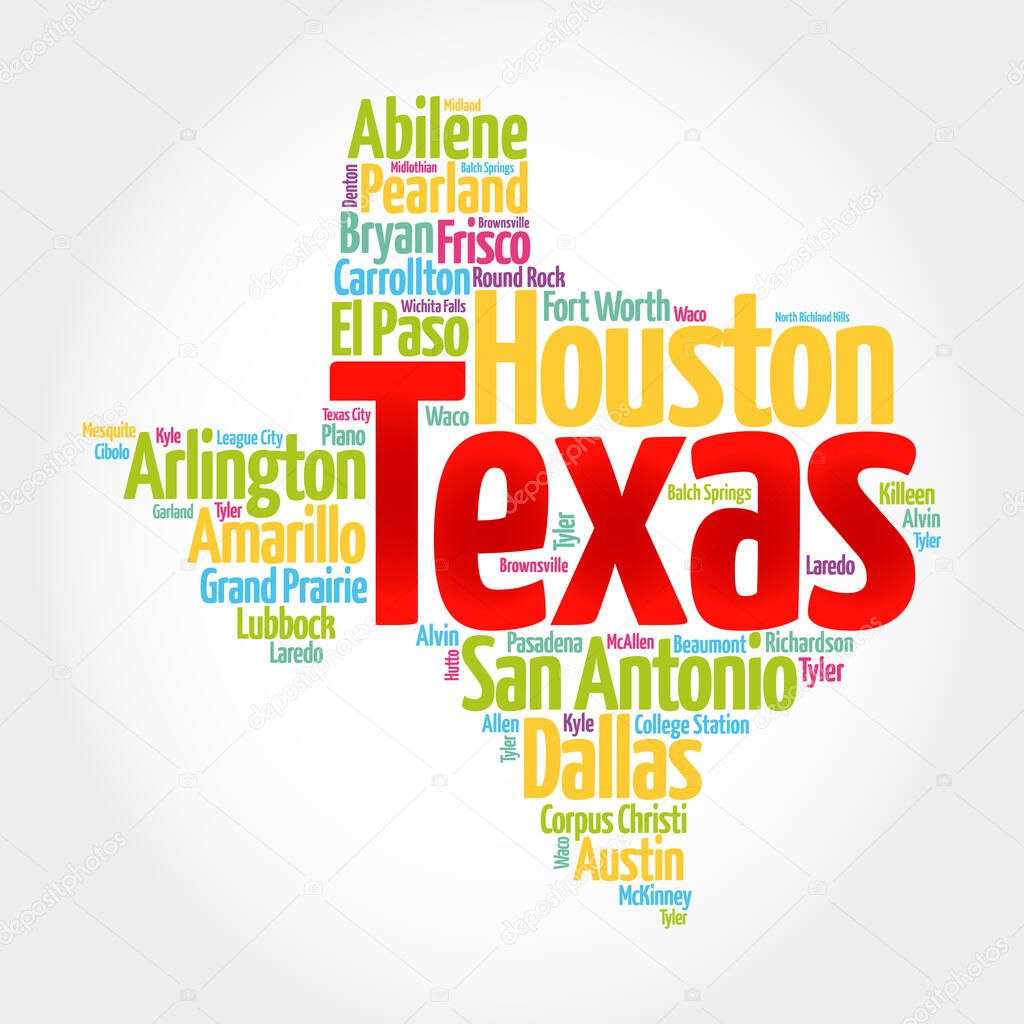 List of cities in Texas USA state, map silhouette word cloud map concept